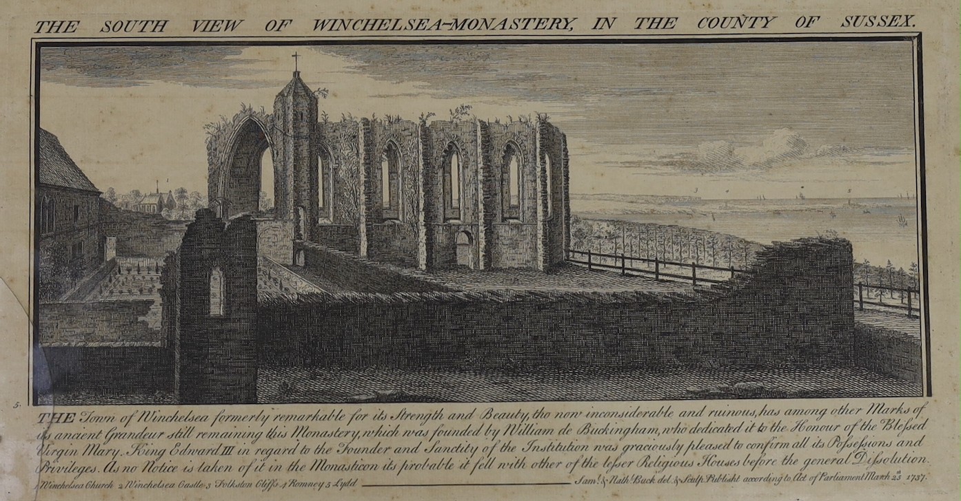 Samuel and Nathaniel Buck, six engravings, Views of Sussex Castles 1737, overall 23 x 40cm and a similar view of the Church of St Olave, 28 x 31cm